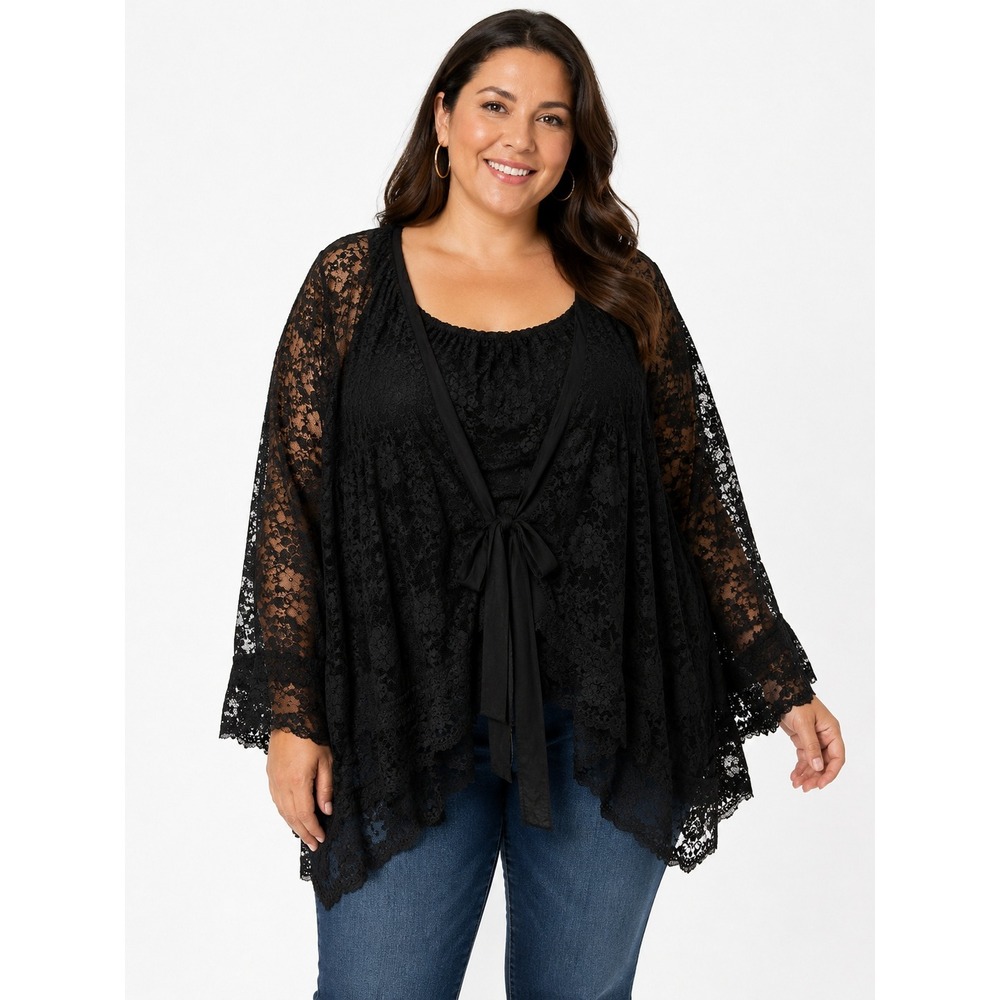 Black‎ Lace Blouse Womens Plus Sheer Tie Back Floral Overlay Whimsygoth Grunge
